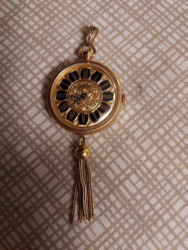 ORIS LADIES GOLD POCKET WATCH FRINGE BLACK GOLD FACE GOLD ENGRAVED BACK