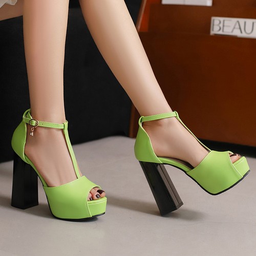Women Summer Plus Size Peep Toe Chunky High Heel T-Strap Shoes Dress Sandals - Imagen 15 de 24