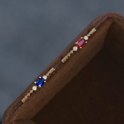 18K Gold Ruby or Blue Sapphire Ring   Dainty Diamond Accent Band   Fine Jewelry