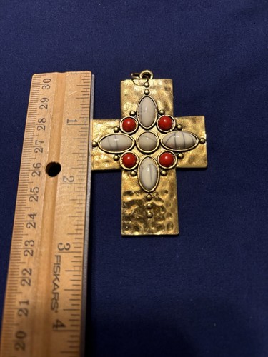 Vintage Hammered Gold Tone Cross 2.5" X 1.75" Pendant - Picture 4 of 7