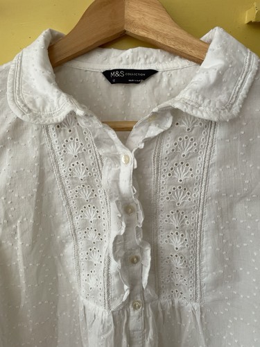 M&S Collection Women's White Cotton Dobby Embroidered Broderie Blouse 12 - Picture 2 of 4