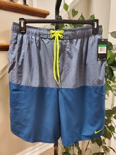 Nike Men Blue Polyester Pull On Drawstring Swim Trunk Logo Print Shorts Size LT