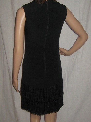 Vintage Black Flapper Dress 1960s Mod Mini Fringe Beaded Cocktail Party Small - Picture 5 of 6