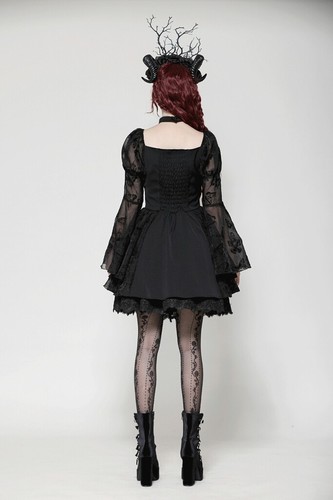 Dark In Love Women Black Gothic Lolita Butterfly Print Bell Sleeve Short Dress - Picture 14 of 23