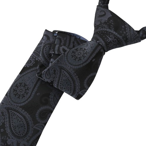 Black & Charcoal Boys Regular Tie Woven Paisley Bohemian Wedding Necktie by DQT - Picture 2 of 3