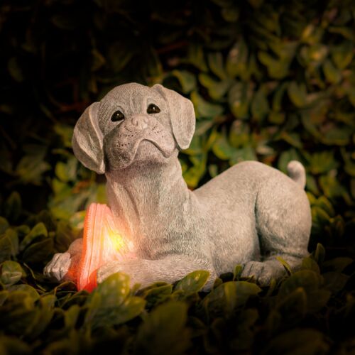 Stone Effect Solar Dog Garden Ornament LED Statue Light Up Puppy Decor Large - Picture 2 of 24
