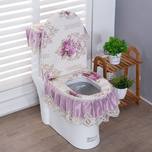 3 Stück Pleuche Toilettensitzbezug Set Spitze Deckel Pads Bad Wassertank Abdeckung Dekor - Bild 3 von 13