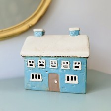 Large Blue House Tealight Holder Glazed Ceramic Hand Painted Home Candle Lantern