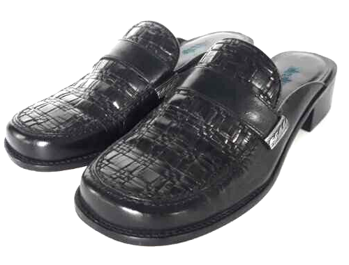 Nicole Größe 6,5 schwarze Damen-Leder-Pantoletten Pantoletten flache Schuhe gewebter Stil