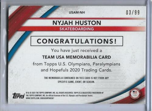 2020 TOPPS OLYMPISCHE NYJAH HUSTON SILBER RELIKTKARTE ~/99 USA SKATEBOARDING 2021 - Bild 2 von 2