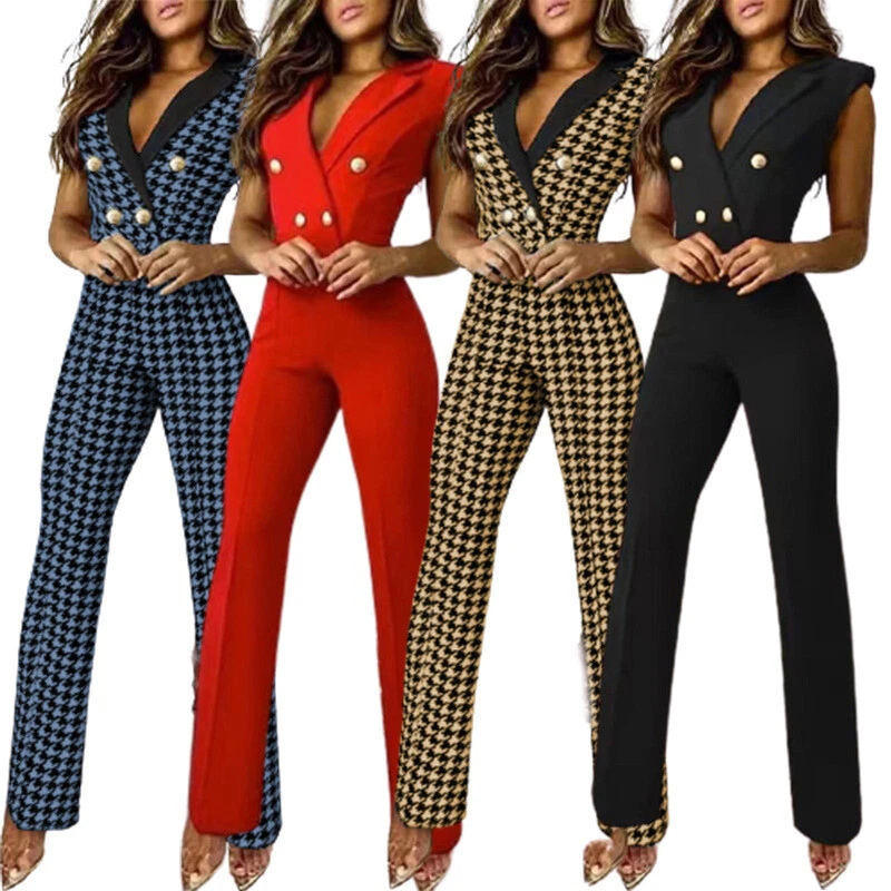 Damen Jumpsuit Elegant Lang Einteiler Sommer Hosenanzug V-Neck Ärmellos Overall - Bild 2 von 4