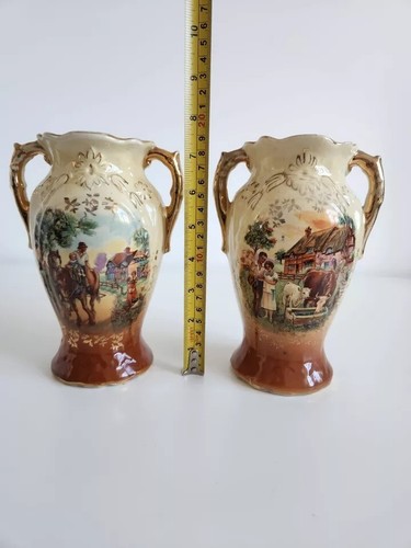 Par de jarrones pintados a mano escena agrícola vintage - 7,5" - hechos en Inglaterra - Imagen 11 de 12