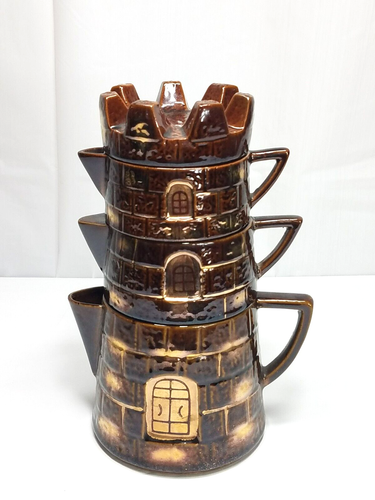 Vtg Royal Sealy Japan=CASTLE TOWER STACKING TEAPOT/SUGAR/CREAMER SET - Picture 1 of 13