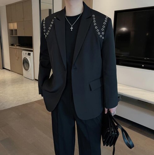 Men's Youth 2023 Fashion Lapel Eyelets Studs Loose Jacket Blazer Outwear  b58 - Picture 1 of 10