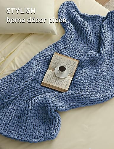 Chunky Throw Blanket, Medium-Weight, Hand Knitted, 50 x 70 Inch Cerulean Blue - Picture 3 of 7