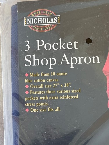 NOS Nicholas 3 Pocket Shop Apron 10 oz. Blue Cotton Canvas  Working Cooking - Picture 3 of 4