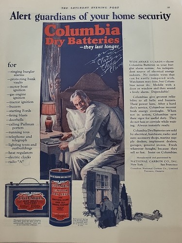 1924 Columbia Trockenbatterien S. E. Postdruck Anzeige Alarm Kurzwaffe Einbrecher Farbe - Bild 1 von 3