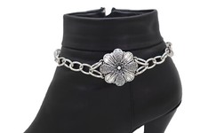 Women Silver Chain Boot Bracelet Anklet Shoe Flower Charm Cool Filigree Western