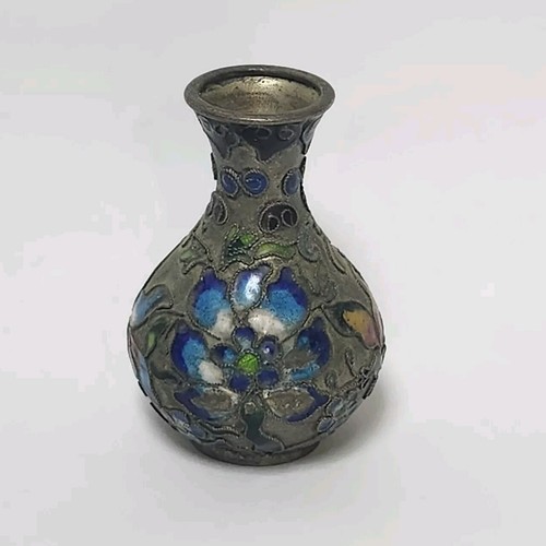 Jarrón Chino Vintage 3"H Mini Cloisonne Bronce Latón Cobre Esmalte Flores Azules - Imagen 4 de 5