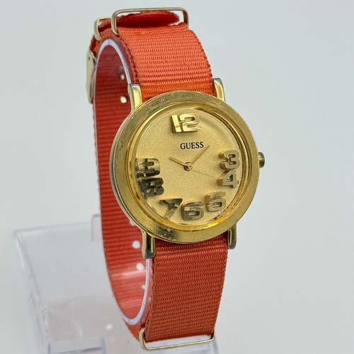 Vintage 1994 Unisex Gold Tone GUESS Watch, 3D Raised Numbers, Salmon Band, 36mm - Picture 3 of 8
