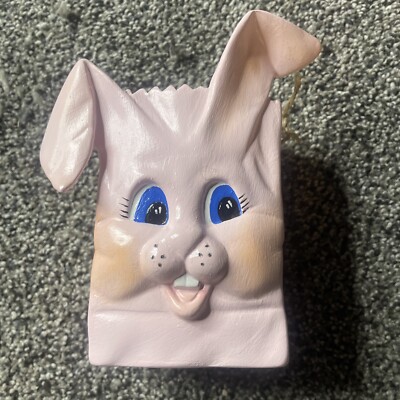 Vintage Hand Painted Pink Ceramic Easter Bunny Face Candy Bag / Planter