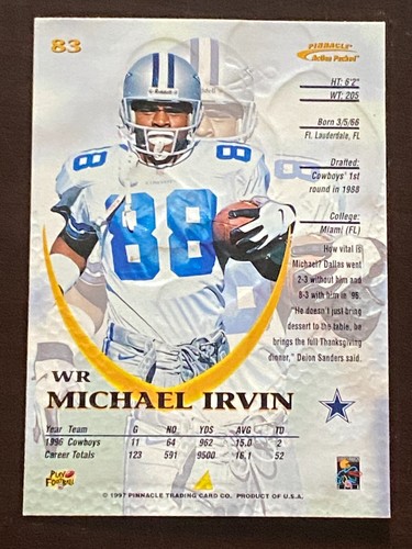 Tarjeta base de fútbol americano Pinnacle 1997 llena de acción #83 de Michael IRVIN - Imagen 2 de 2