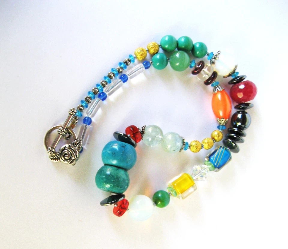 🐸Handcrafted Beaded Chunky Statement Necklace Blown Glass, Turquoise, Jade VTG - Image 3 of 4