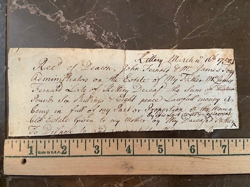1750 Colonial American document Kittery ME James Fernald Fogg family receipt