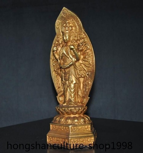 12" Antiguo templo del Tíbet bronce dorado 1000 manos Bodhisattva Kwan-Yin Buda estatua - Imagen 5 de 10