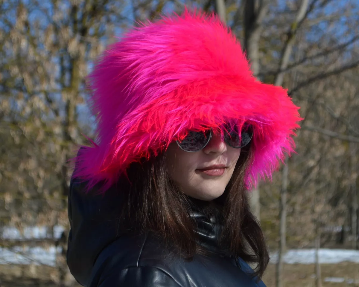 Hot Pink Fuzzy Bucket Hat-Festival Hat-Floppy Hat-Fur Hat-Fake Fur