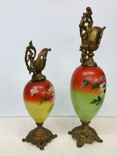 Par Antiguo Art Nouveau Vidrio Pintado Floral y Metalurgia Ewers - Imagen 2 de 11