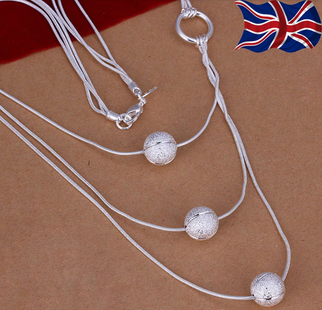 925 Sterling Silver plated Ball Necklace Triple Strand Glitter Texture Free UK