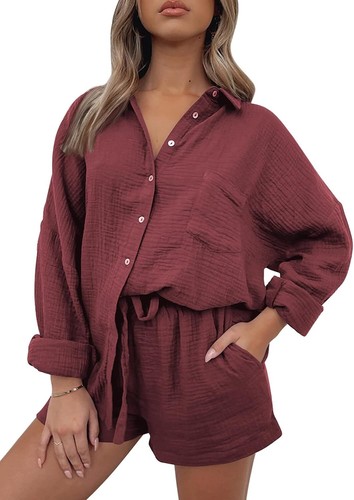 2 Piece Lounge Wear Set for Women – Oversized Shirt & Shorts Pajama Outfit 2025 - Picture 91 of 150