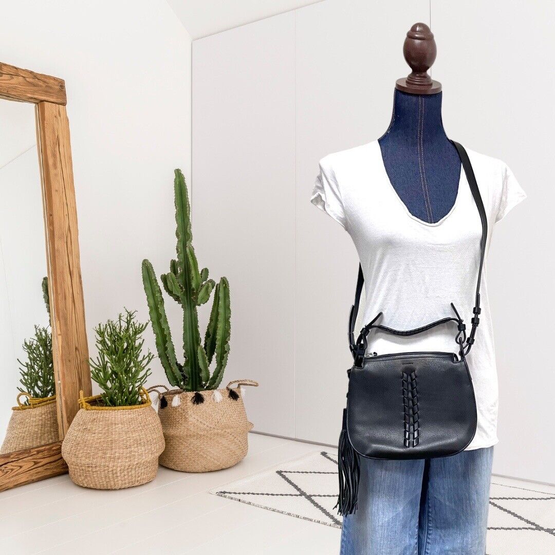 All Saints Kepi Leather Crossbody Purse Large Tassel Black eBay