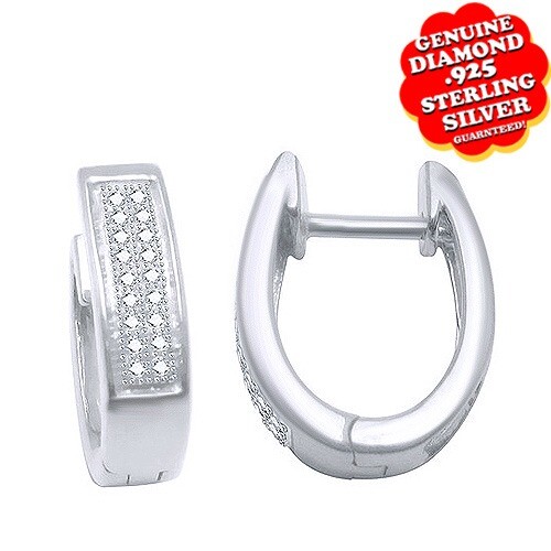 1/6 Ct Round Cut Genuine Diamond 14K White Gold Plated Micro Pave Hoop Earrings - Picture 2 of 3
