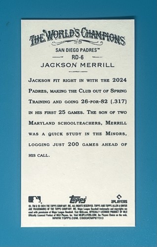 2024 Topps Allen & Ginter Mini RD-6 Jackson Merrill Rookie Design Variation - Picture 2 of 2