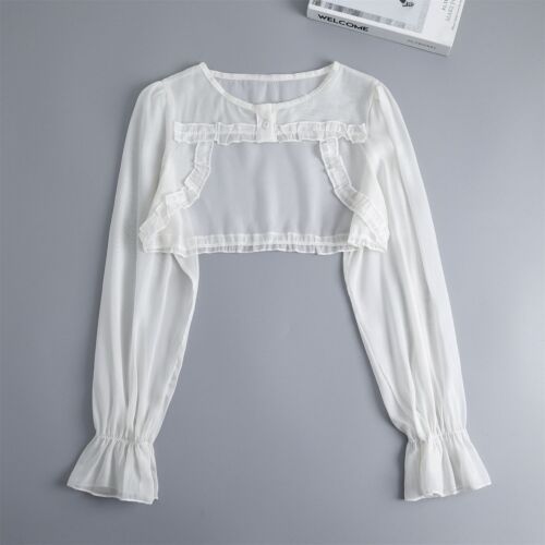 Women Sheer Bolero Cardigan Blouse Chiffon Cropped Shrug Shirt Ruffle Tops - Picture 3 of 8