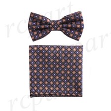 New Men's micro fiber Pre-tied Bow tie  hankie Blue brown checkers formal prom