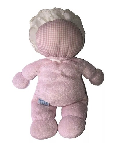 Muñeca bebé niña de peluche Eden vintage gorro rosa tela de rizo ojos azules rubia Lovey - Imagen 4 de 9