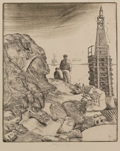 Volker Stelzmann Männer Hafen Leuchtturm Leipziger Schule sign Radierung 1977 - Bild 1 von 2