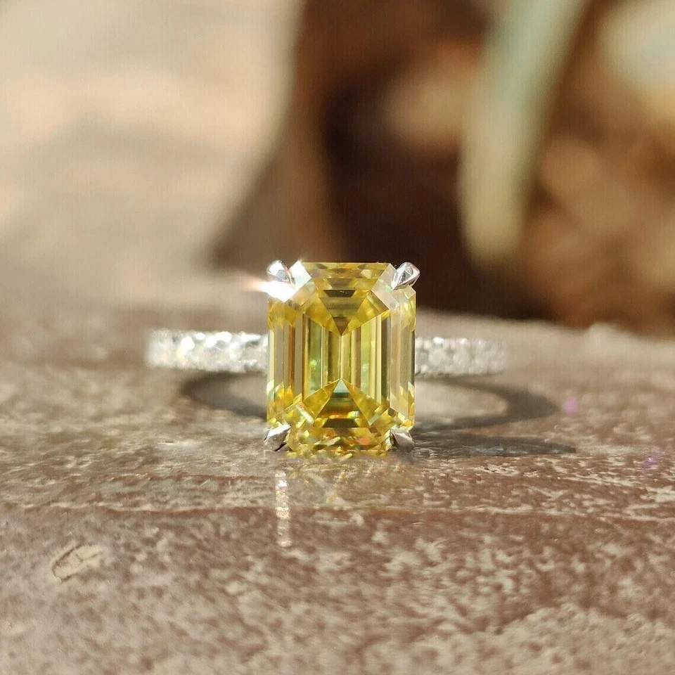 2CT Emerald Lab Created Canary Diamond Engagement Ring 14K White Gold Plated - Image 2 of 4