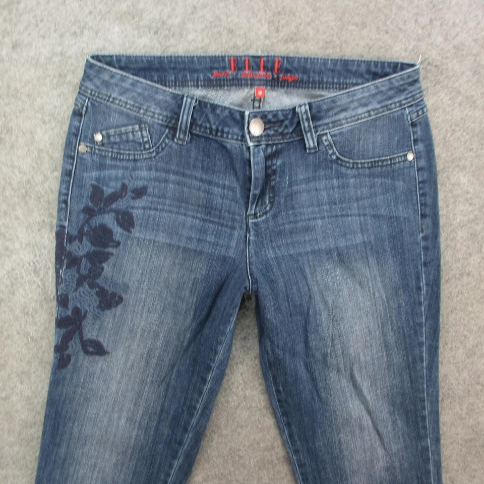 ELLE Jeans Womens 10 Blue Mid Rise Skinny Floral Embroidered Stretch Denim Pants - Image 2 of 4