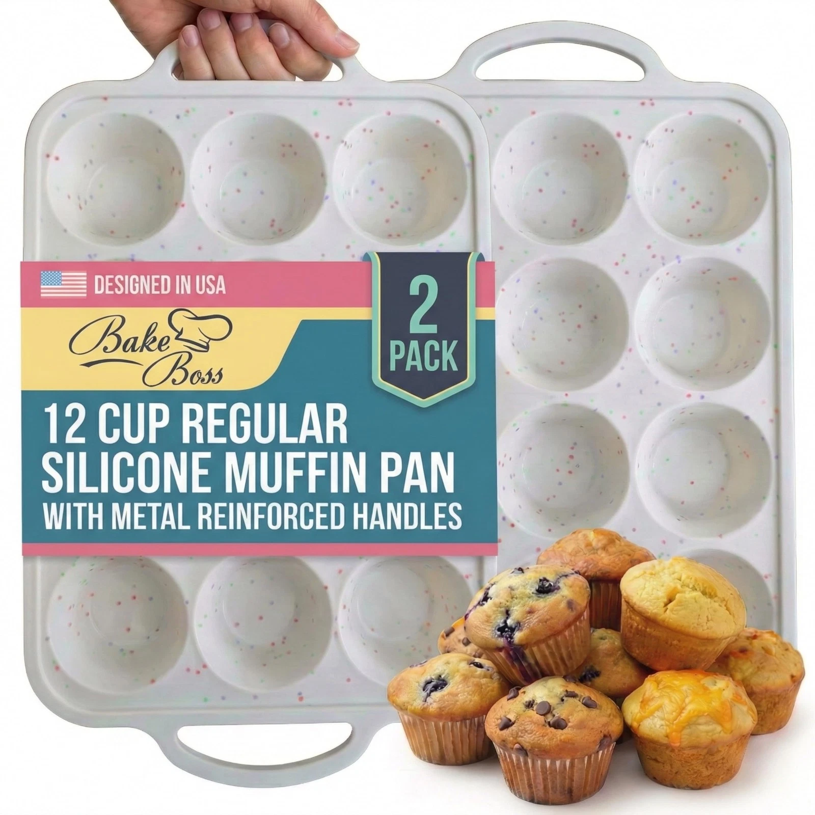 2-Pack Silicone Muffin Pan for Baking with Metal Reinforced Frame -12 Cup Reg...