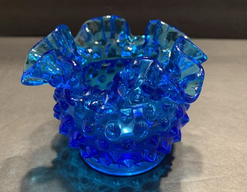 Vintage Fenton Cobalt Blue Colonial Hobnail Ruffled Crimped Vase Candle Holder