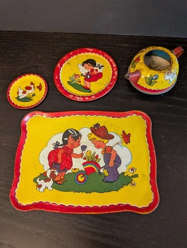 (4) Vtg Pieces 1956 Ohio Art "Boy & Girl In Garden" Children's Tin Tea Set-Rough