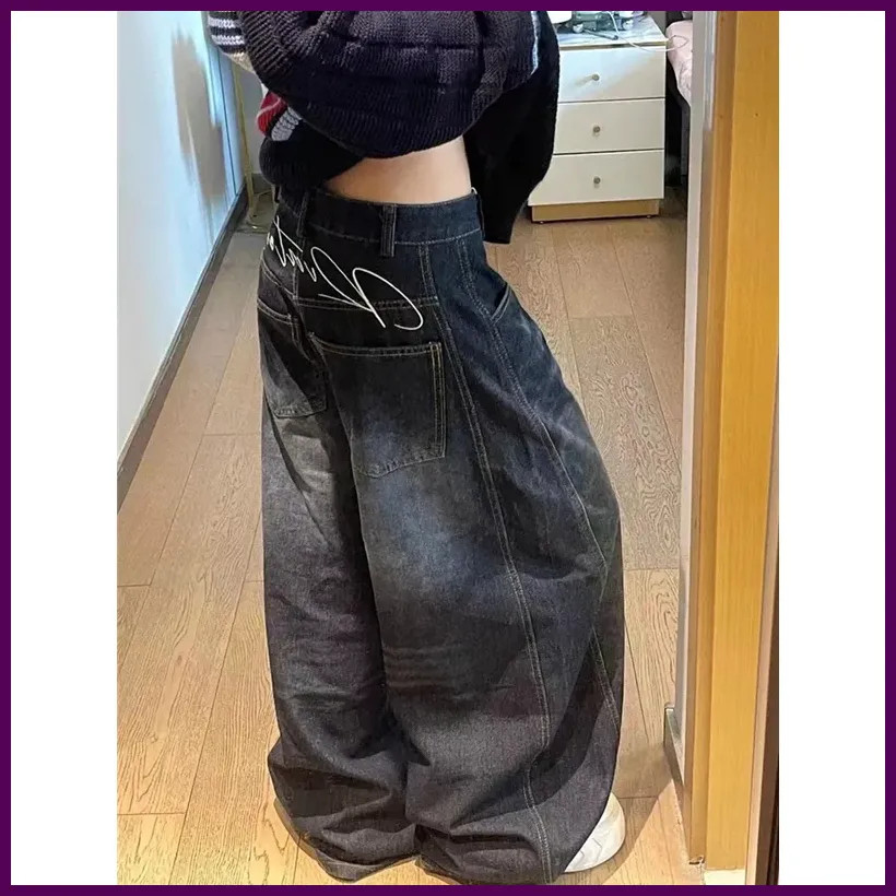 Pantalón Jeans Mujer Negros Alto Cintura Vintage Hip Hop Corte Recto Y2K Pierna