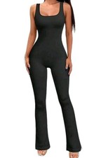 OQQ Women's Ribbed Workout Sleeveless Tank Top Bell Bottoms Jumpsuit Black Xl