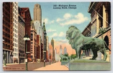 Postcard IL Chicago Michigan Avenue Art Institute Lions Linen Vintage PC N387