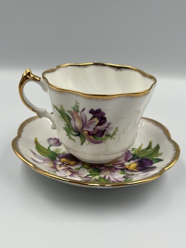 Vintage Salisbury Purple Orchid Teetasse & Untertasse Bone China England Goldrand - Bild 2 von 12