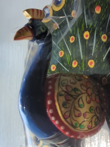 Peacock Bird On Pedestal Hand Painted Carved Wood Figurine Decorative Colorful - Picture 10 of 12